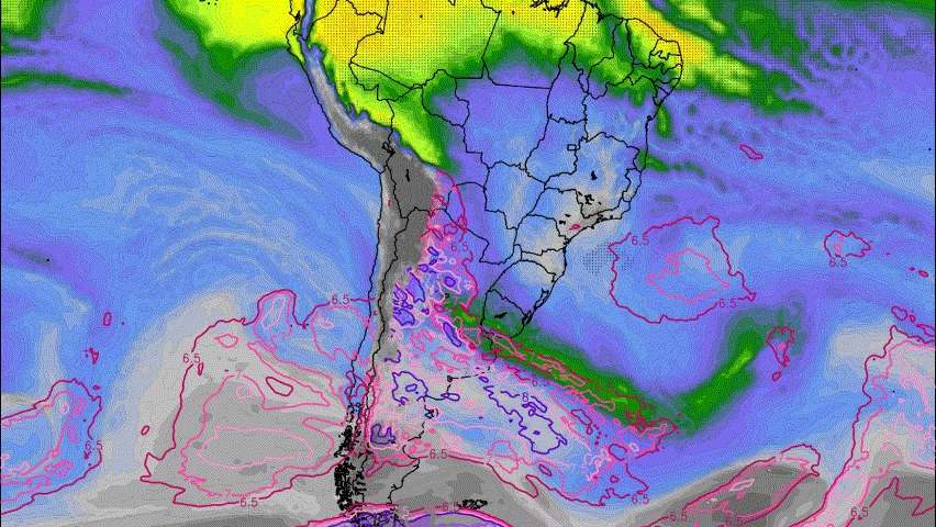 Río atmosférico en América del Sur entre el 14 y el 17 de junio según las proyecciones del modelo norteamericano GFS/NOAAA