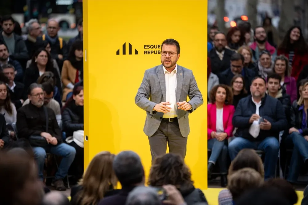 El presidente de la Generalitat y candidato de ERC a la reelección, Pere Aragonès, en el primer acto de campaña de las elecciones catalanas el 12 de mayo.