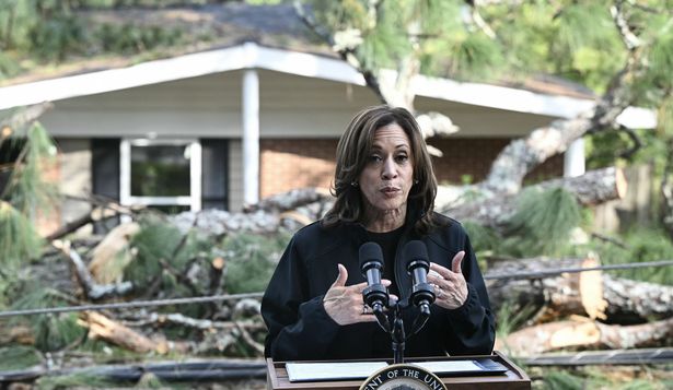 Harris habla en Augusta frente a una casa dañada por la caída de un árbol