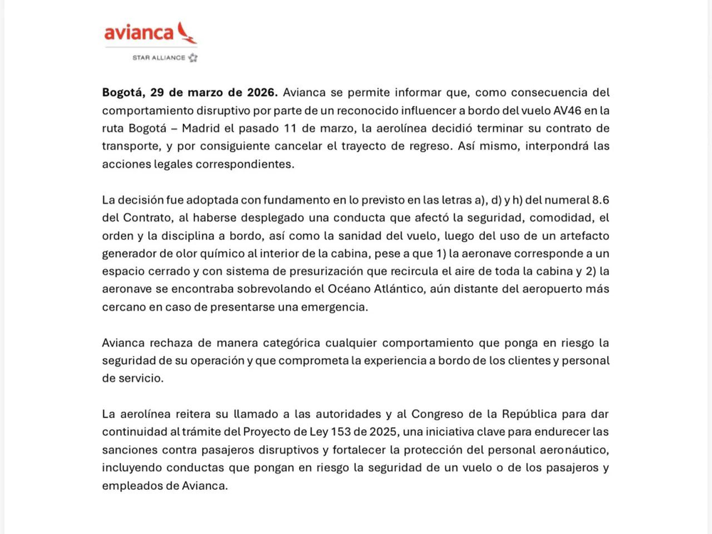 Comunicado de Avianca por la situación del dispositivo químico de olor.