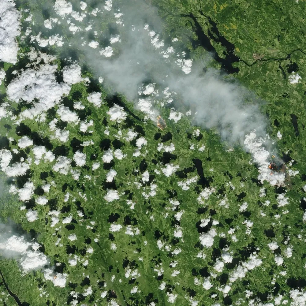 17 de julio: este panorama aéreo suministrado por la Agencia Espacial Europea muestra el humo saliendo de varios incendios desde la costa oeste de Noruega hasta el centro de Suecia. Las cabezas de los incendios producen humo más negro.