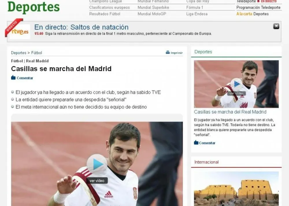 La portada de la web de RTVE anuncia que Casillas se va