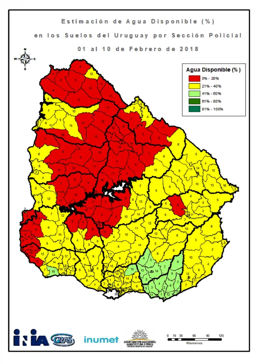 Mapa de estimación de agua disponible (%) en los suelos del Uruguay por Sección Policial