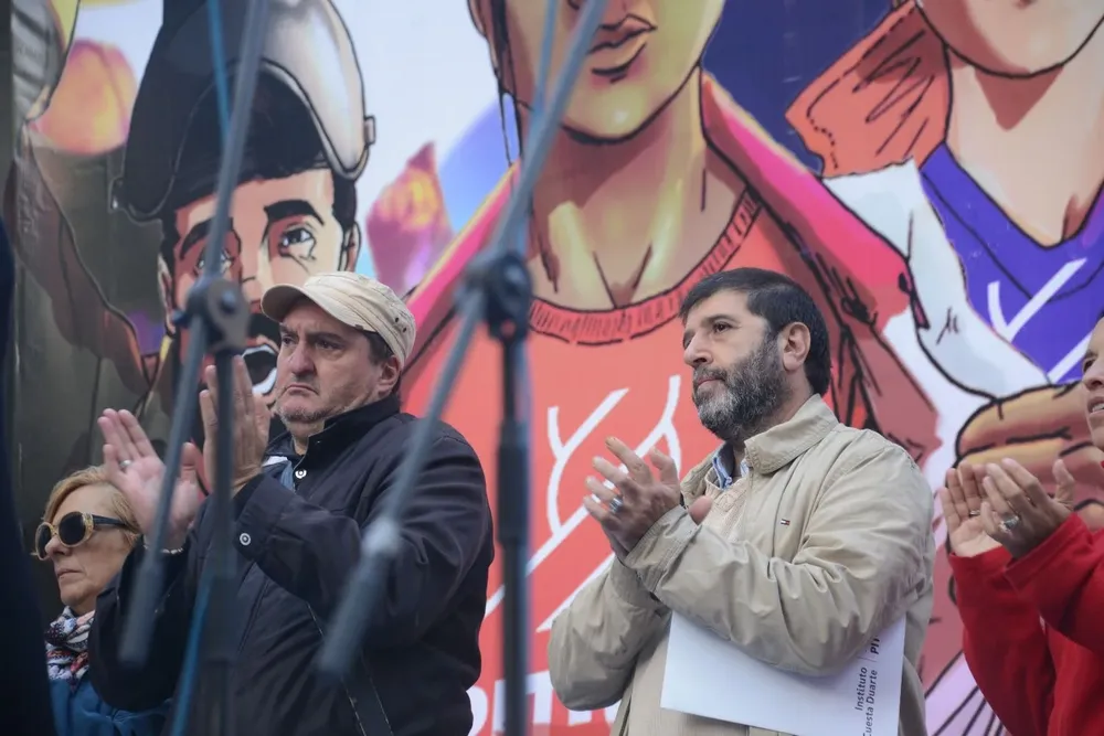 Los dirigentes sindicales Gabriel Molina y Fernando Pereira en un acto en 2019