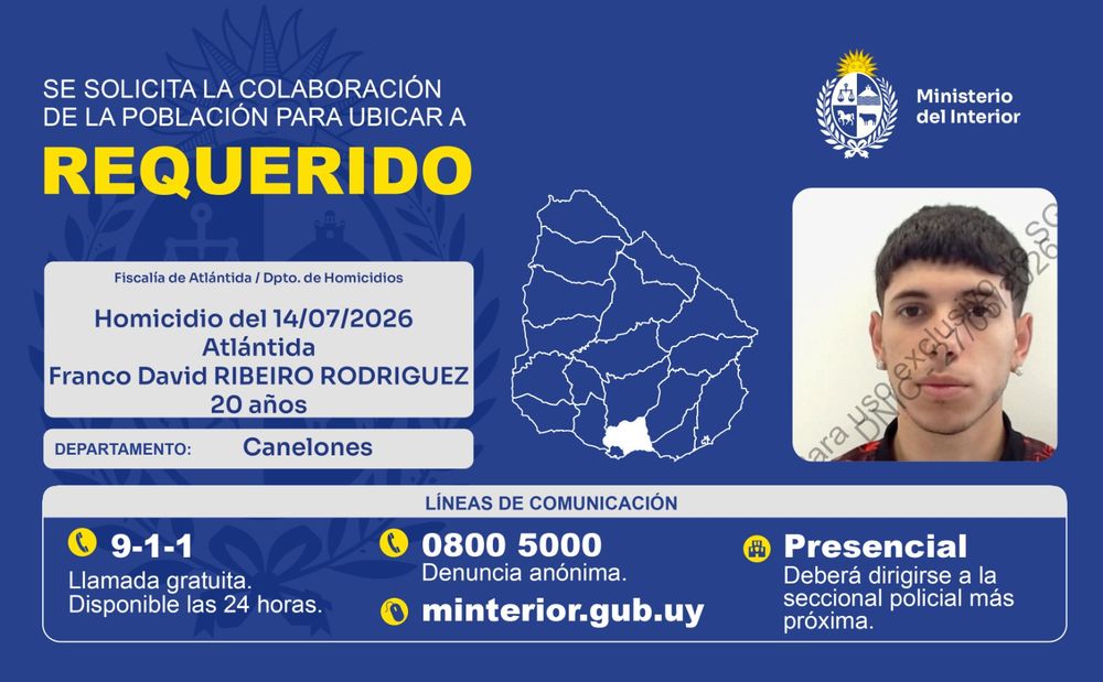 Franco David Ribeiro Rodríguez, de 20 años, está requerido por el asesinato de una mujer de 27 años en Estación Atlántida