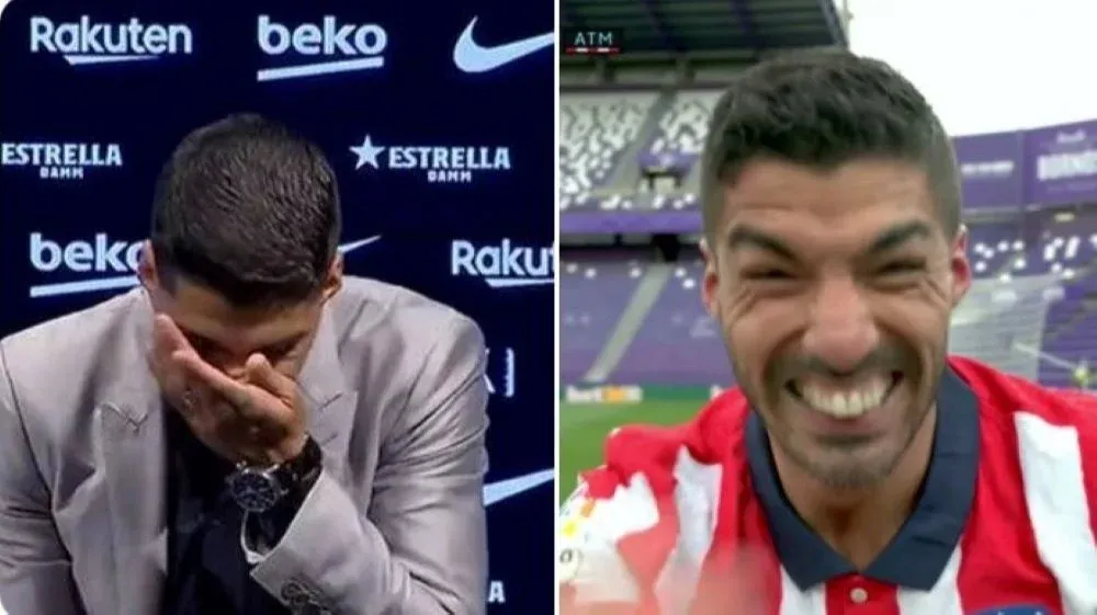 Las dos caras de Luis Suárez: cuando se despedía de Barcelona en setiembre pasado, y la de este sábado tras vencer con un gol suyo a Valladolid y conseguir el título de LaLiga
