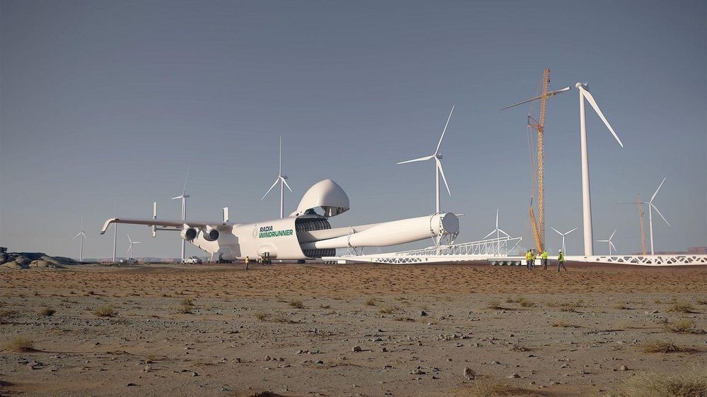 El WindRunner ha sido diseñado para cargar enormes aspas de turbinas eólicas y aterrizar en rústicas pistas aéreas. (Imagen realizada por computador)