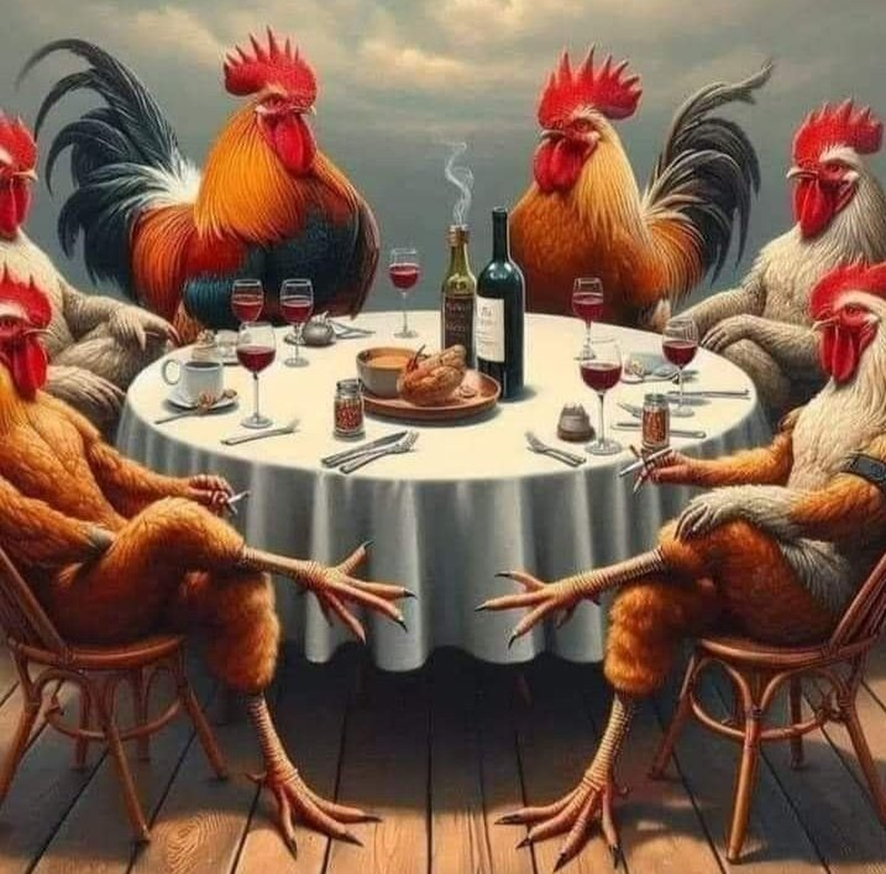 Los gallos robados disfrutando de una cena con el dinero de las apuestas.