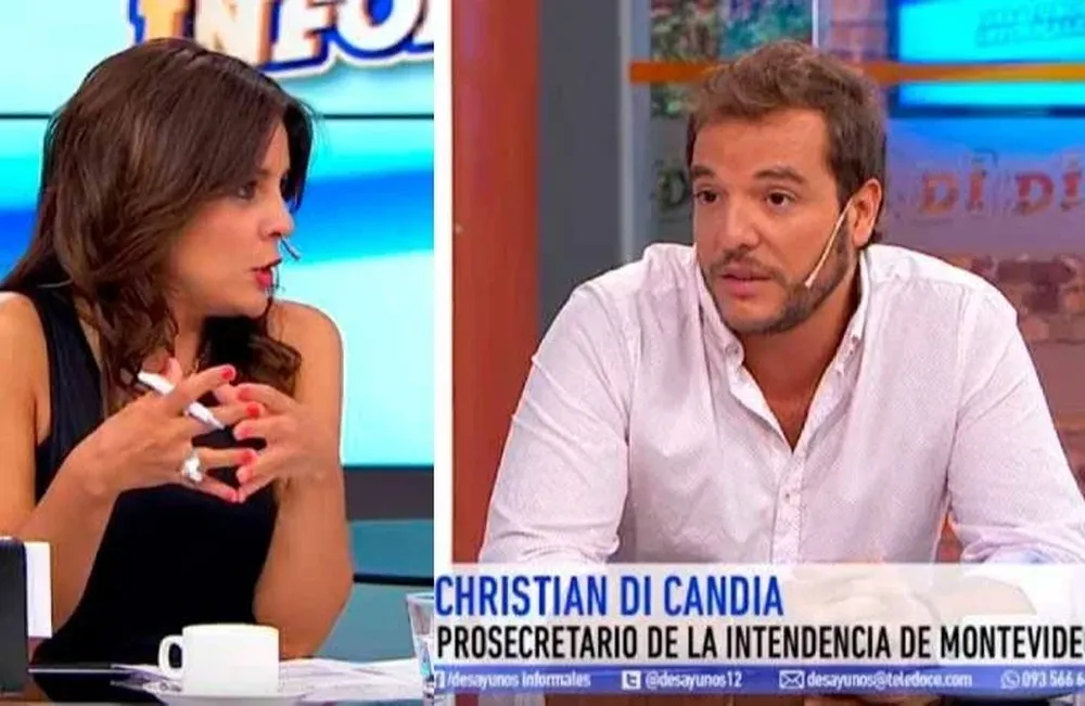 Esta imagen, un collage que incluye a María Noel Marrone y al intendente de Montevideo, Christian di Candia, en Desayunos Informales, es la que utilizan los estafadores