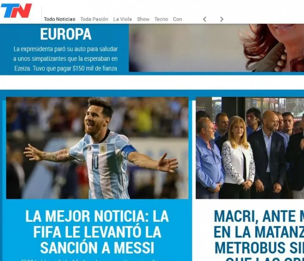 La portada de la web de TN en Argentina