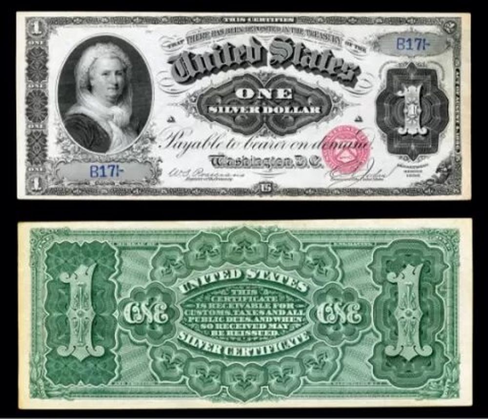 Certificado de plata de 1 dólar con Martha Washington.