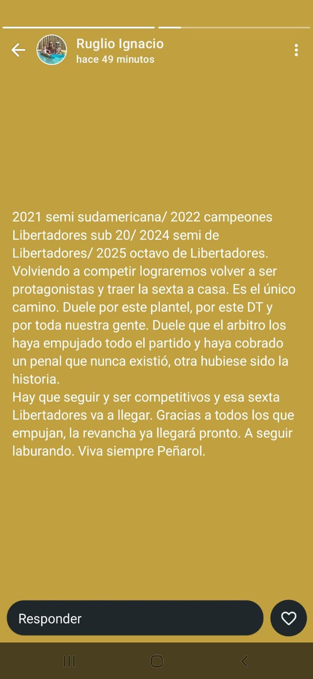El comentario de Ignacio Ruglio en su estado de Whatsapp con fuertes críticas al árbitro Wilmar Roldán del partido entre Racing y Peñarol en Avellaneda por Copa Libertadores El comentario de Ignacio Ruglio en su estado de Whatsapp con fuertes críticas al árbitro Wilmar Roldán del partido entre Racing y Peñarol en Avellaneda por Copa Libertadores