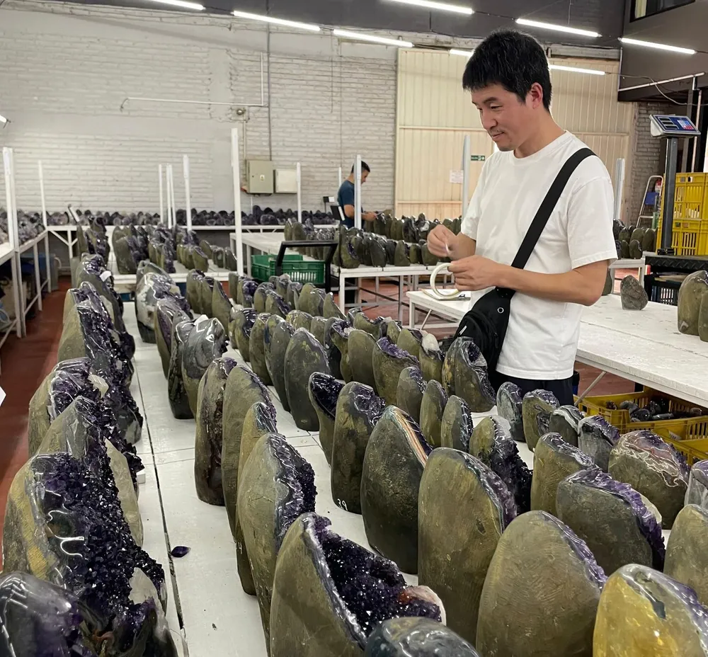 Empresario chino seleccionando piedras.
