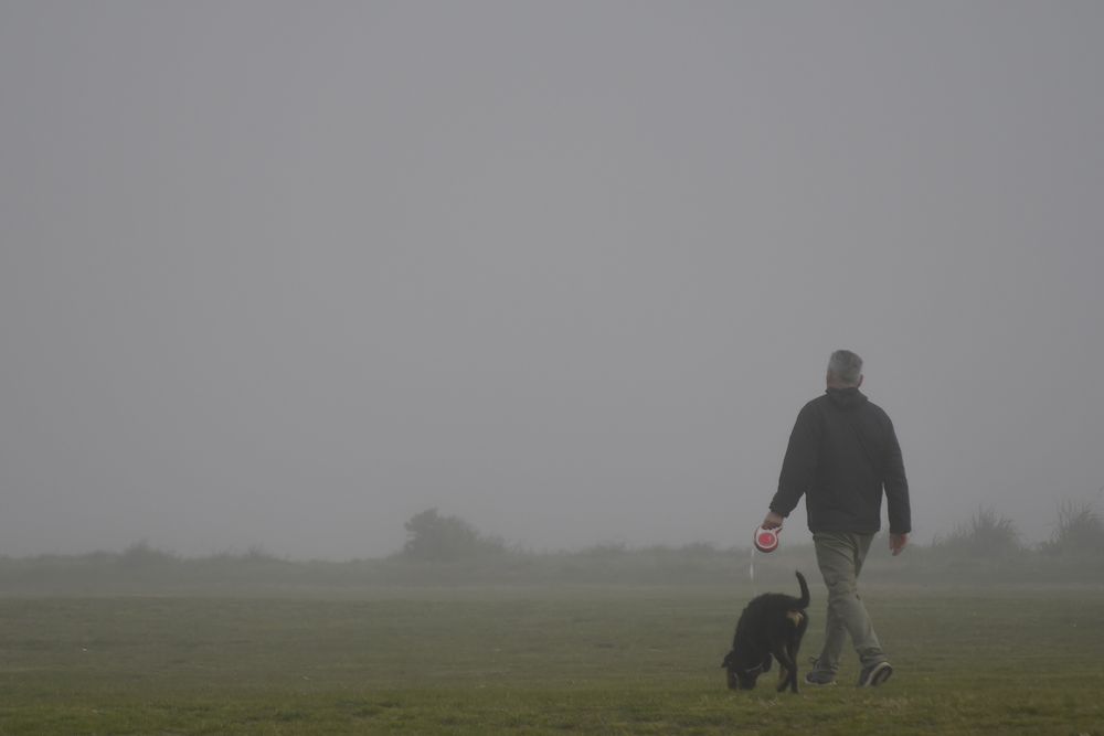 Foto de este martes en Montevideo mientras la mezcla de niebla y partículas de carbón afectaron a la ciudad