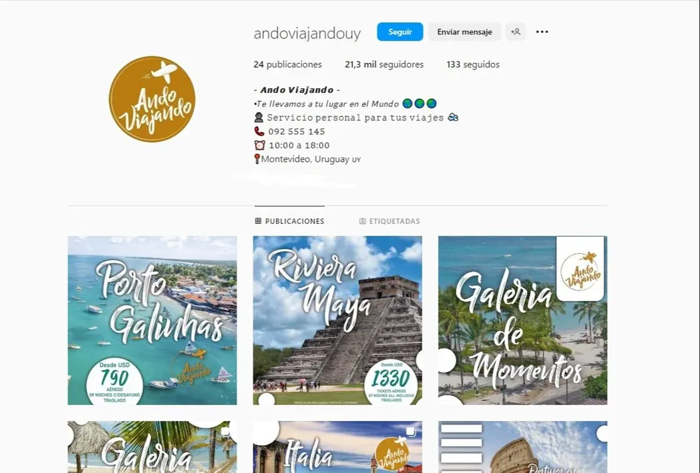 Captura de pantalla de la cuenta de Instagram del operador turístico no registrado en la base de datos del Ministerio de Turismo