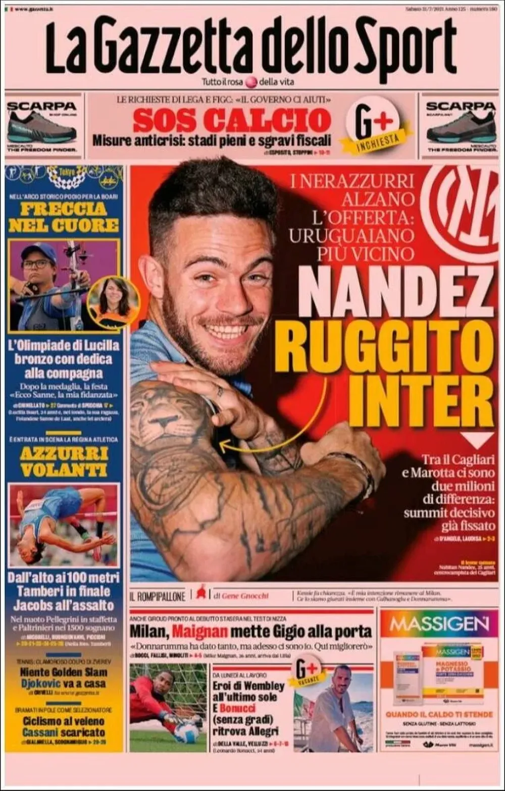 La portada de La Gazzetta dello Sport dedicada íntegramente a Nahitan Nández