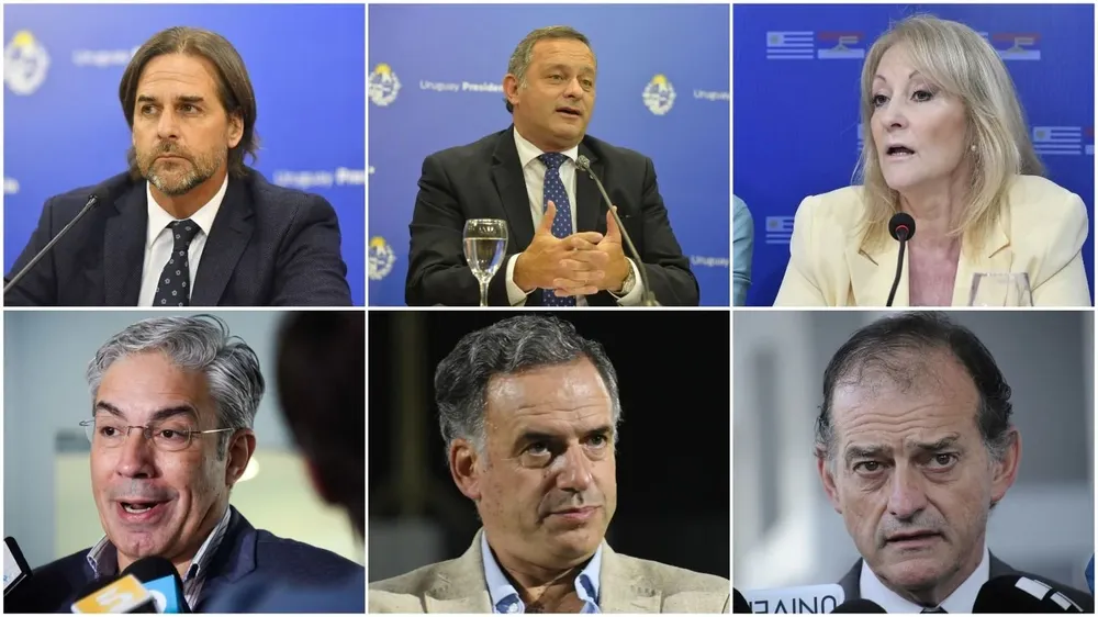 Luis Lacalle Pou, Álvaro Delgado, Carolina Cosse, Robert Silva, Yamandú Orsi y Guido Manini Ríos