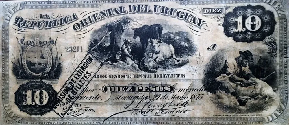 Uno de los primeros billetes emitidos por un organismo público en Uruguay, en 1875. Foto: gentileza de Juan Miguel Straumann