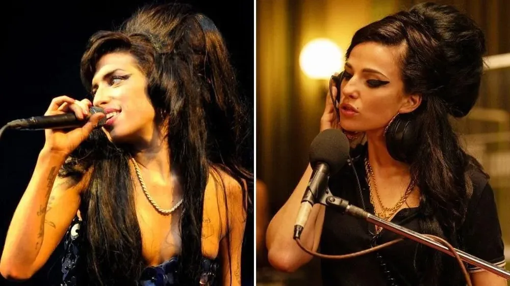 La verdadera Amy Winehouse actuando en 2008 (izquierda) y la actriz Marisa Abela interpretando a la cantante en la película.