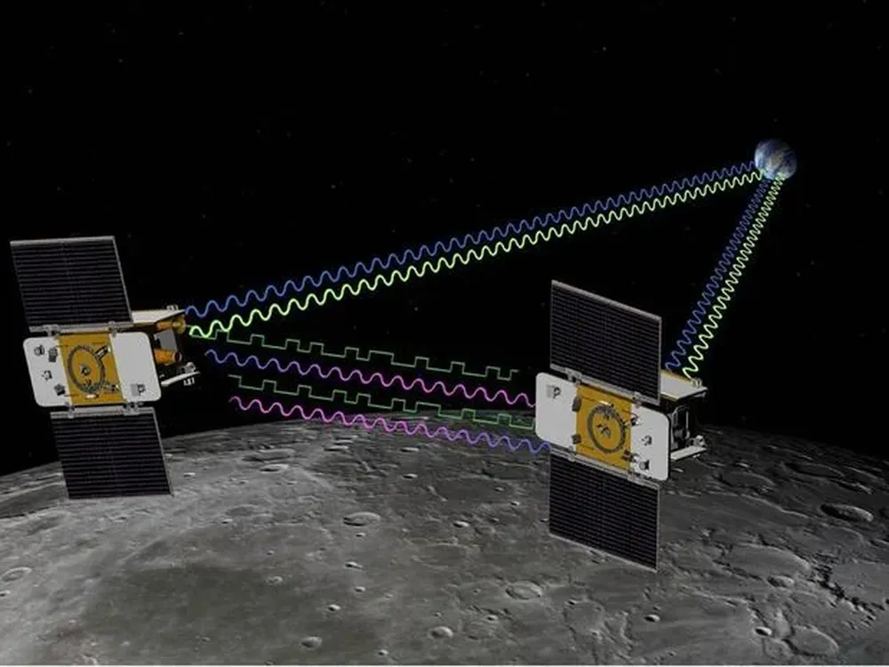 Concepto artístico de las sondas Ebb y Floy de la NASA que orbitan la Luna y estudian el interior del satélite