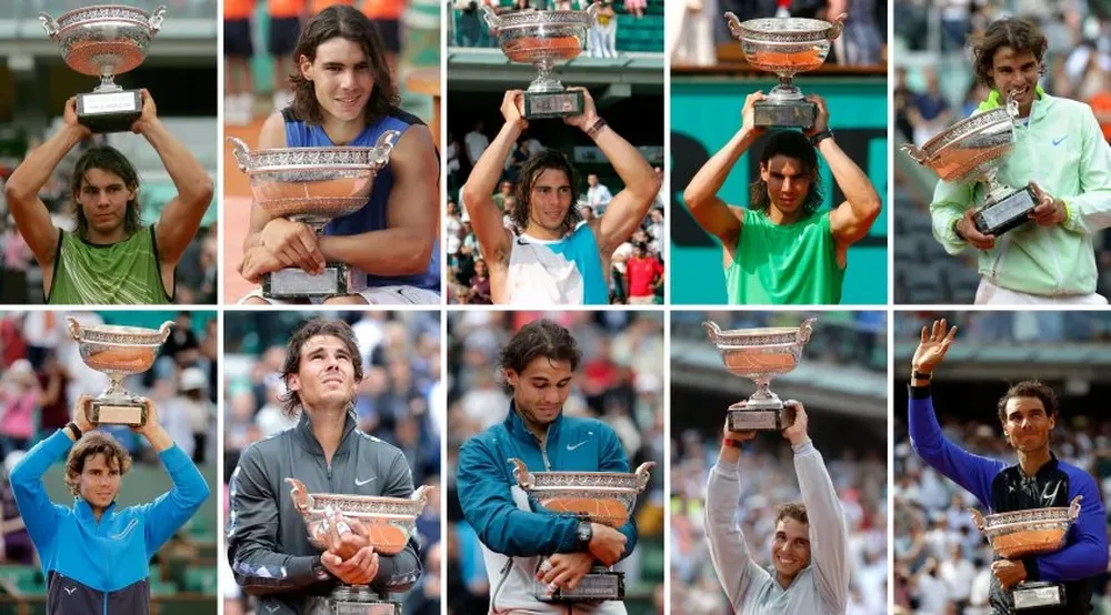 Nadal con sus trofeos de Roland Garros: 2005, 2006, 2007, 2008, 2010, 2011, 2012, 2013, 2014 y 2017.