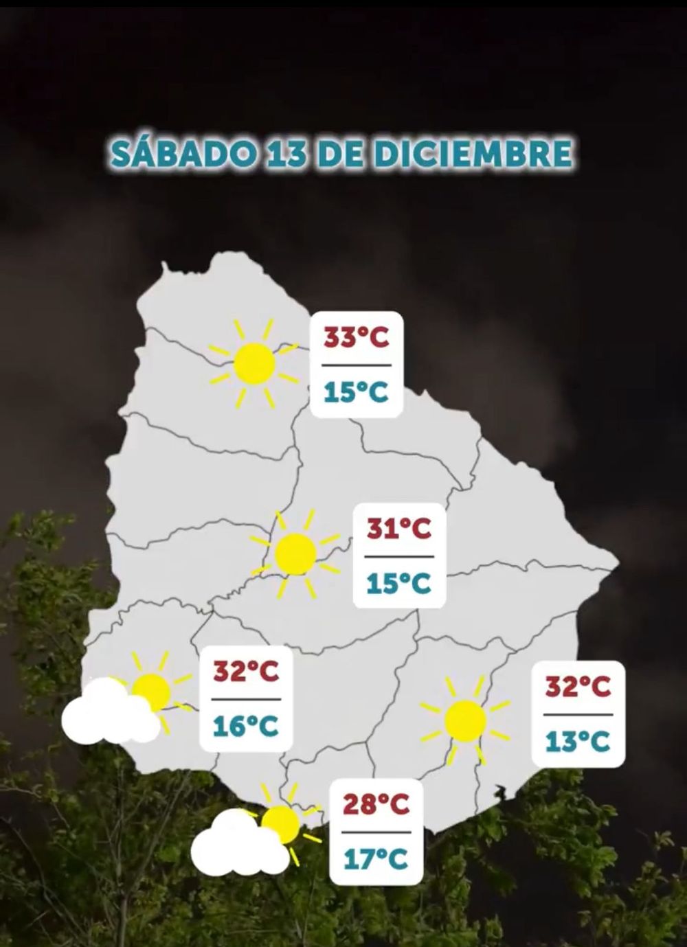 Pronóstico de Inumet para el sábado 13 de diciembre