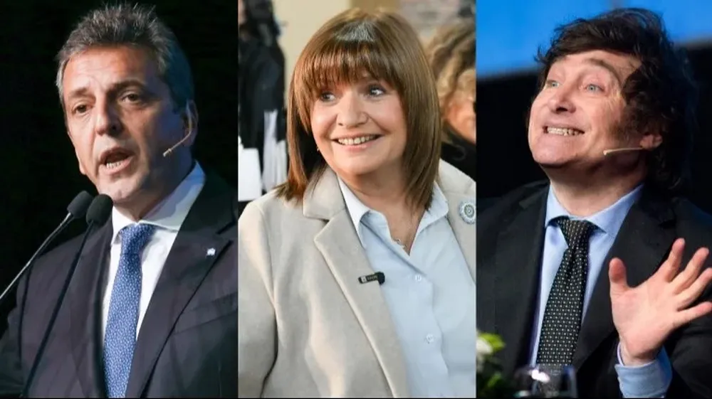 Sergio Massa, Patricia Bullrich y Javier Milei, candidatos en Argentina.
