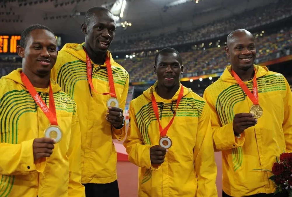 El relevo 4X100 de Jamaica en Pekín 2008: Michael Frater, Asafa Powell, Nesta Carter y Usain Bolt