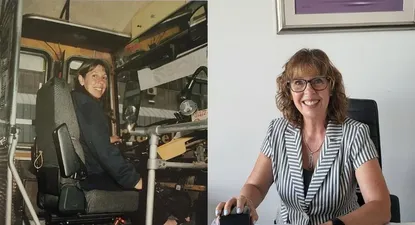 María del Carmen Couselo, como chofer en en 1999, y en la actualidad.