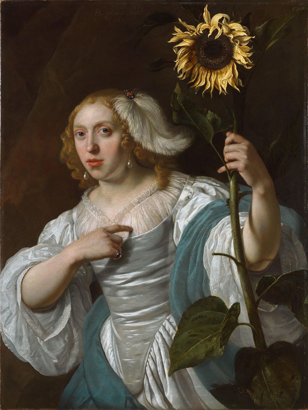En La joven sosteniendo un girasol de Maria van Oosterwyck, la flor casi con certeza significa el matrimonio de la mujer.