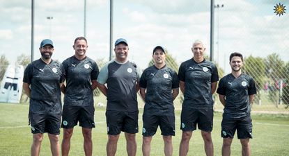 El nuevo cuerpo técnico de Montevideo City Torque: el DT Pablo Gaglianone, los ayudantes técnicos Sebastián Canario Vázquez y Raúl Salazar, los preparadores físicos Francisco Morales y Mateo Torterolo y el entrenador de arqueros Andrés Larrosa