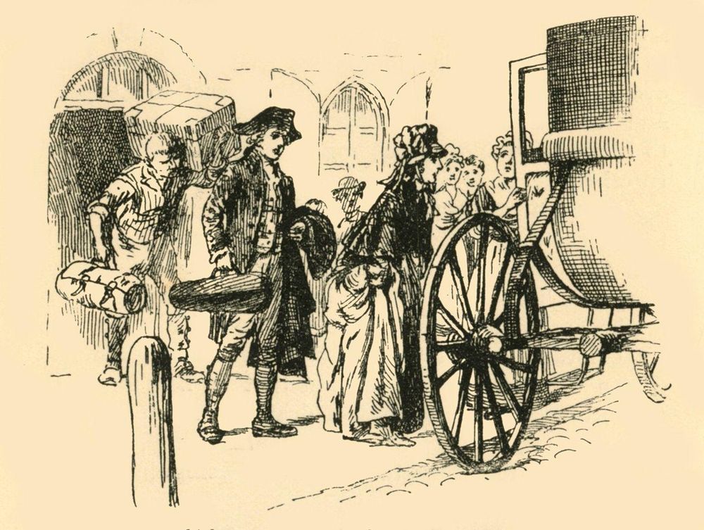 Una ilustración que apareció en "Story-Lives of Great Musicians" (Historia de vida de grandes músicos), de F.J. Rowbotham, en la que se ve al joven Wolfgang saliendo de viaje junto a su madre.