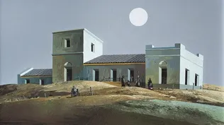 Estancia con luna, un acrílico sobre tela fechado en 1995 por el pintor Jorge Damiani