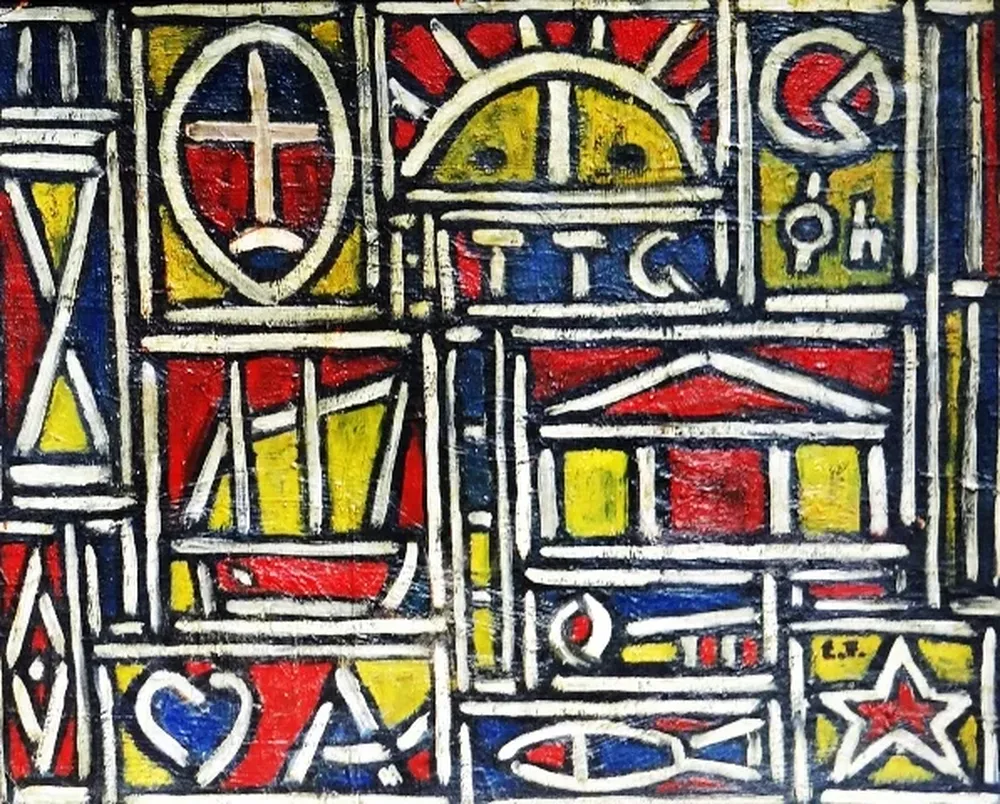 La obra Constructivo, un óleo sobre cartón del pintor uruguayo Emir Fermández