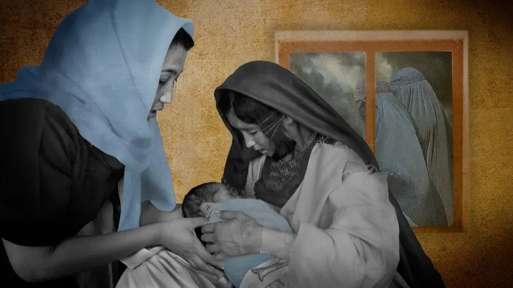 Ilustración de una partera y una mujer sosteniendo un bebé