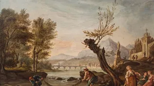 Escena con pescadores, un óleo sobre tabla del pintor francés Pierre Antoine Demachy