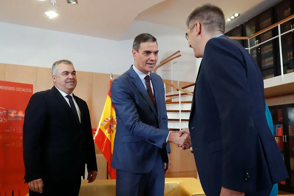 El presidente del Gobierno en funciones, Pedro Sánchez (c), que se ha reunido este viernes con los portavoces de EH Bildu en el Congreso y el Senado.