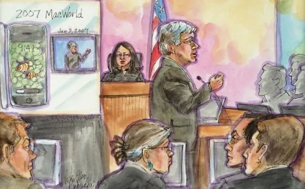 Ilustración de los alegatos finales en el último juicio de este año entre Apple y Samsung