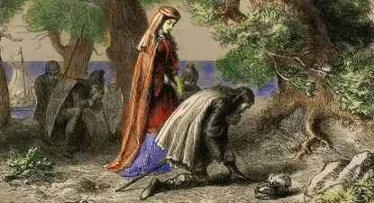 Thorfin y Gudrid en la orilla de Vineland , (1877). Los exploradores dirigieron una expedición a la costa de América del Norte visitada por los vikingos nórdicos