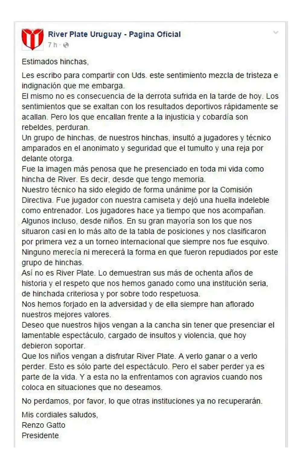 Renzo Gatto, presidente de River, emitió una carta