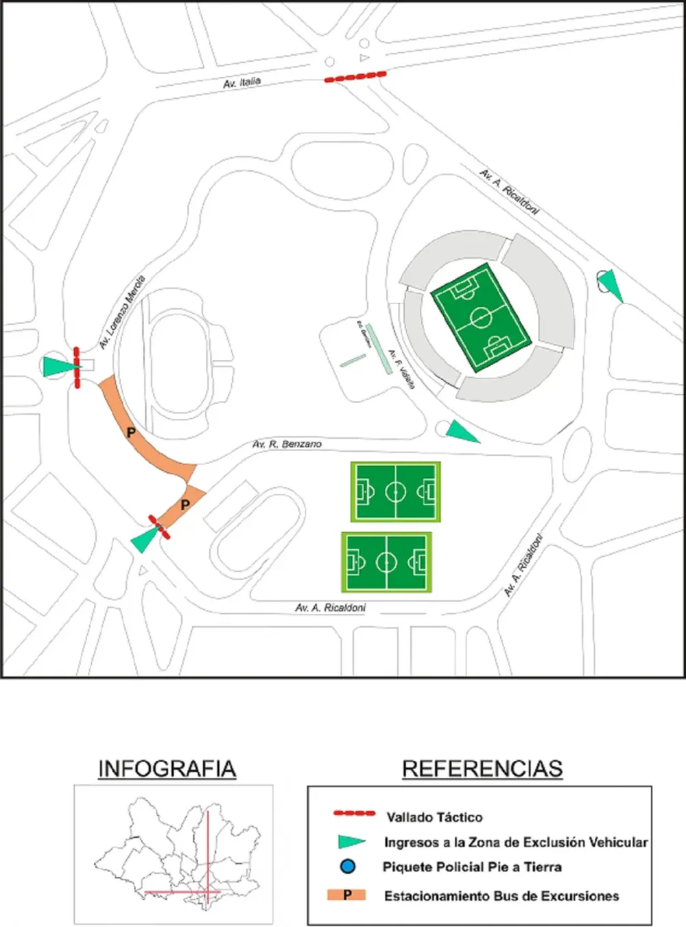 El plano de los vallado para Uruguay-Colombia