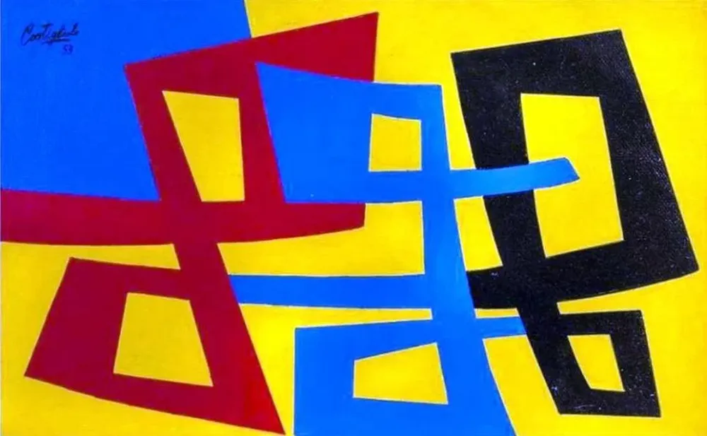 Composición con fondo amarillo, un acrílico sobre cartulina de José Pedro Costigliolo (Fechado en 1953)