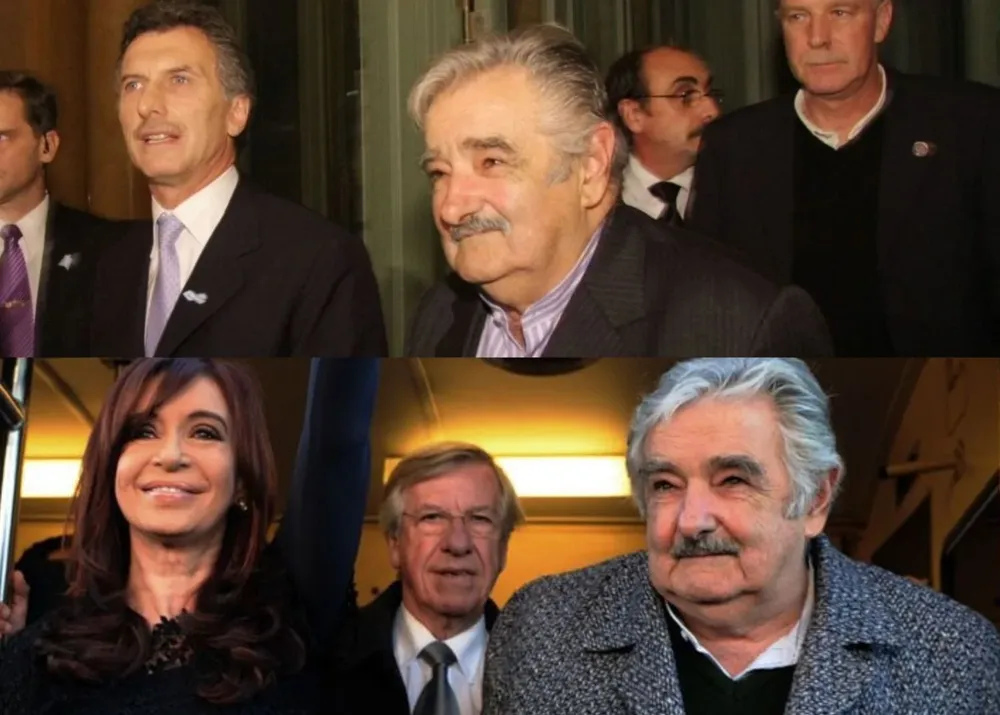 En la foto de arriba, José Mujica y Mauricio Macri. Abajo, José Mujica con Cristina Fernández