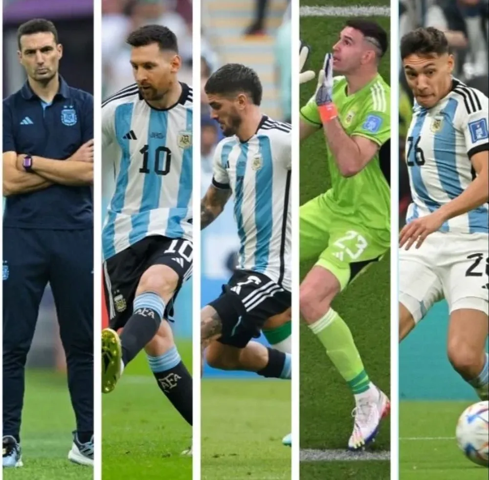 Parte del éxito de esta selección argentina en el Mundial Qatar 2022: Lionel Scaloni, Lionel Messi, Rodrigo De Paul, Emiliano Dibu Martínez y Nahue Molina