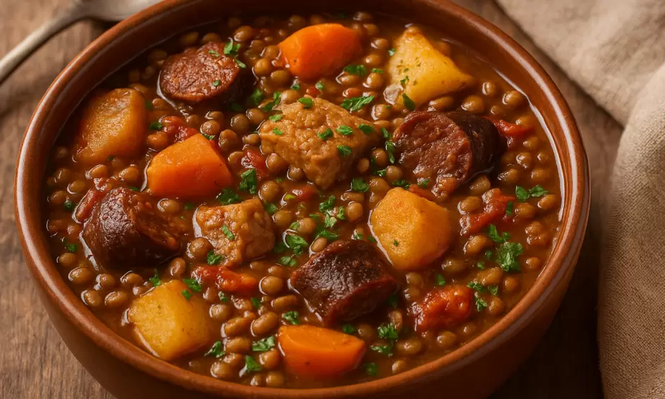 En cazuela de barro, un sabroso guiso de lentejas.