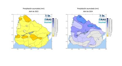 INIA: mapas bien diferentes en abril de 2023 y en abril de 2024.