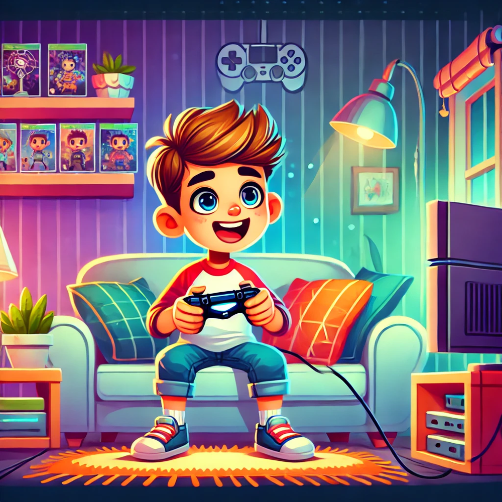 DALL·E 2024-11-13 14.53.55 - An animated-style illustration of a young boy sitting on a cozy couch, intensely focused on playing video games. The boy has a joyful and engaged expr.webp