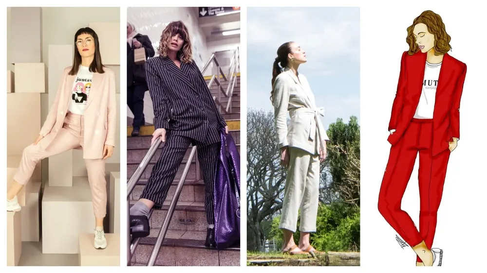 La cocinera Irene Delponte para la colección cápsula de Couture para Rotunda; Victoria Saravia con traje de Black & Liberty; uno de los diseños de la última colección de Pacta; boceto de una de las creaciones femeninas de Muto Studio