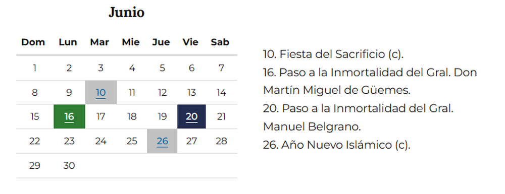Feriados nacionales de junio 2025 Feriados nacionales de junio 2025