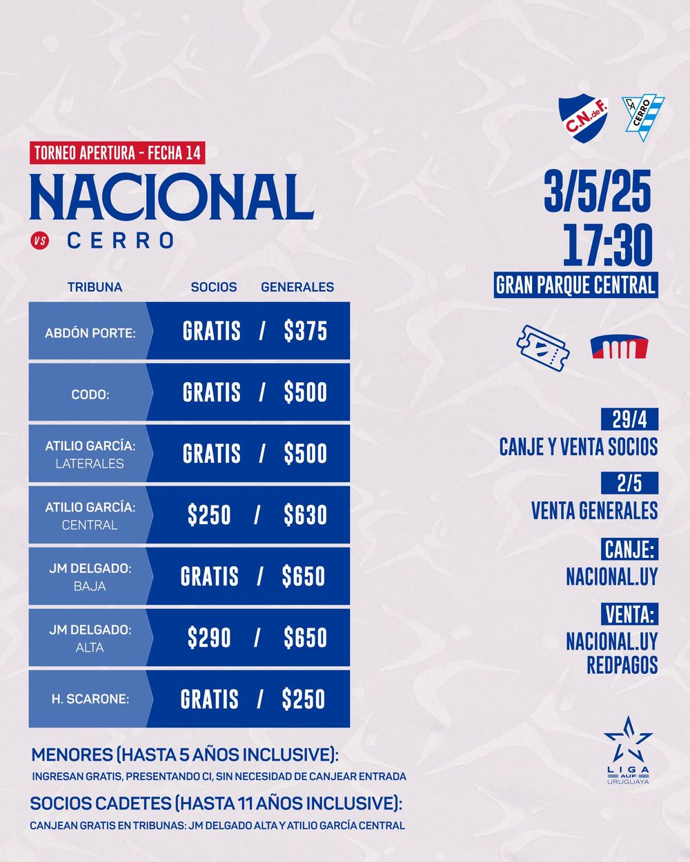 Entradas para Nacional vs Cerro